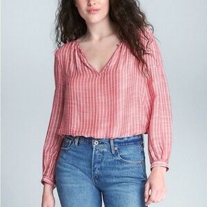GAP Long Sleeve Stripe Split-Neck Blouse Red White L
